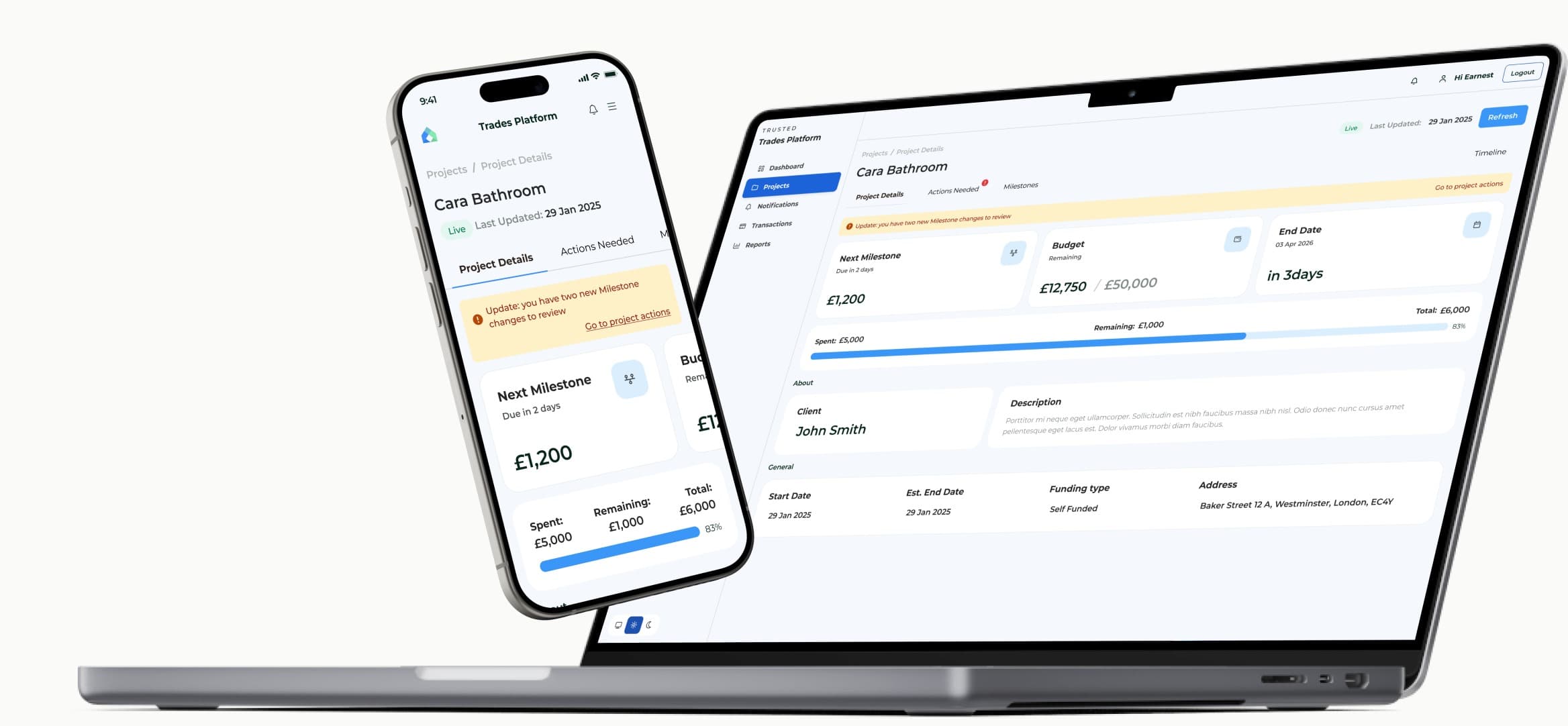 Trusted Payments project dashboard shown on desktop and mobile