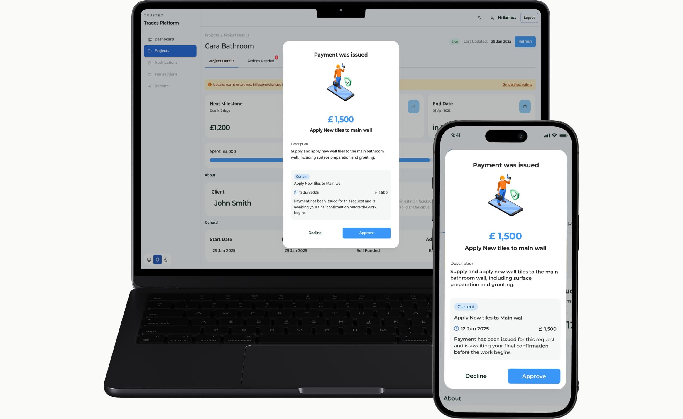 Milestone payment confirmation shown on laptop and phone