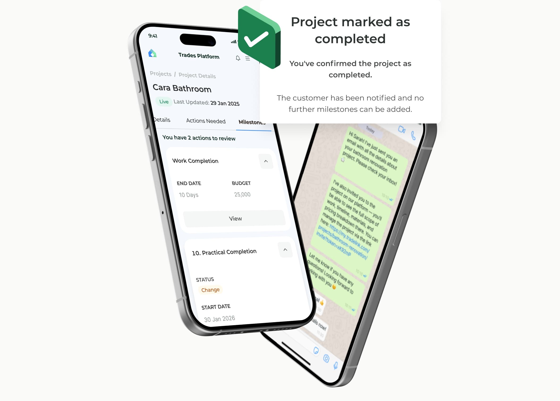 Project completion confirmation and WhatsApp alerts shown on phones